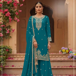 ชุดสัลวาร์ คามีซ ผ้าจอร์เจตต์เทียม แบบเย็บกึ่งสำเร็จ พร้อมงานปักและประดับเลื่อม ดีไซน์ทันสมัย สำหรับงานแต่งงานและงานดิวาลี - Product Image 1