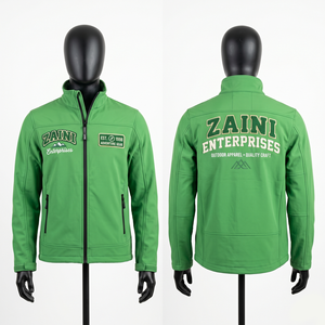 เสื้อแจ็คเก็ตผู้ชายผ้าโพลีเอสเตอร์ผสมสแปนเด็กซ์ 320 GSM แบบซอฟต์เชลล์ สีเขียว แต่งแถบสีที่คอเสื้อ ปักโลโก้ตามสั่ง สำหรับกิจกรรมกลางแจ้ง กันลม - Product Image 1