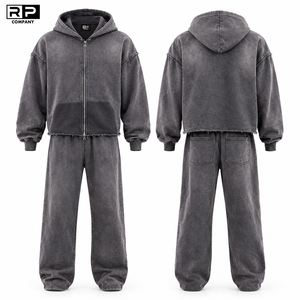 Wholesale Rate Acid Wash Heavyweight <b>French</b> Terry Tracksuit <b>Vintage</b> Oversized Hoodie Raw Hem Baggy Trouser Streetwear Tracksuit - Product Image 1