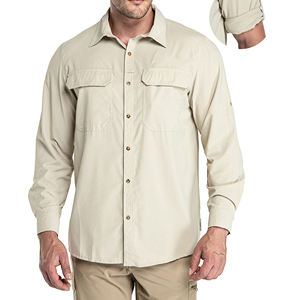 Chemise de randonnée unie pour homme, col rabattu avec poignets boutonnés, 100% séchage rapide, idéale pour les voyages et la randonnée, chemise homme en tissu mélangé. - Product Image 1