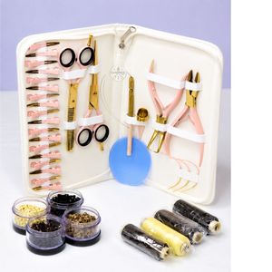 Kit d'outils pour extensions de cheveux rose pâle et or avec pinces, ciseaux, pliers et perles pour usage en salon - Product Image 4
