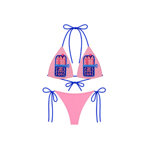 <b>Stripped</b> Pattern Beaded Bikini with Custom Embroidery Halter Neckline with Drawstring Bottom Cotton/Spandex <b>Fabric</b> Swimsuit Set - Product Image 2