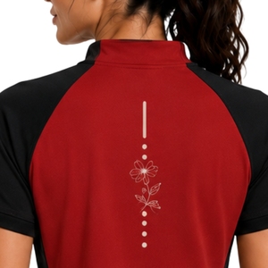 Ensemble de sport pour femme rouge et noir : T-shirt à demi-zip et short, séchage rapide, manches courtes, tenue de fitness, gym, tennis, personnalisable - Product Image 2
