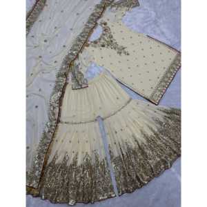 Hermoso Conjunto Sharara y Dupatta Blanco HK con Bordado y Lentejuelas, Talla 2XL - Product Image 3