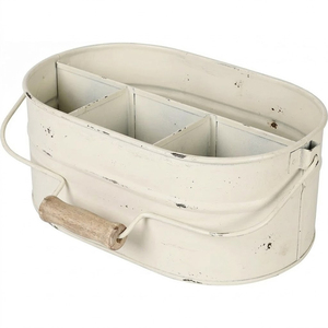 Porta cubiertos de metal galvanizado estilo rústico de 6 secciones con mango de madera, organizador ovalado para utensilios de cocina estilo granja en venta - Product Image 1