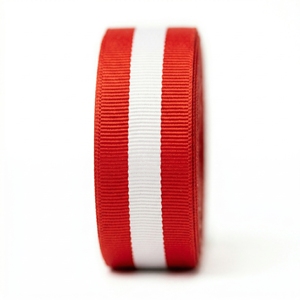 Ruban gros-grain rouge et blanc à rayures centrales de 25 mm (1 pouce) en gros pour la fabrication de nœuds pour cheveux, l'emballage cadeau, les fournitures de couture DIY, rouleaux de garniture - Product Image 1