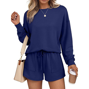 Conjuntos de Sudadera y Pantalones Cortos para Mujer, Diseño Cosido a Máquina, Estilo Personalizado, Manga Larga, Corte Holgado, con Cintura Ajustable con Cordón - Product Image 1