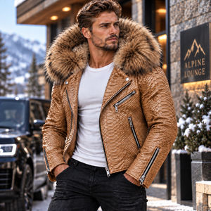 Genuine Python Leather Motorcycle <b>Jacket</b> With Fox <b>Fur</b> <b>Hood</b> | Herren Lederjacke | Chaqueta de Cuero Python Hombre - Product Image 4