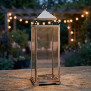 Modern Silver Lantern with Glass Panels and <b>Top</b> Hanging Hook Elegant Candle Holder for Home and Patio - Product Image 1