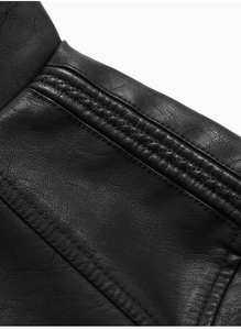TRIBON SPORTS <b>Men's</b> Black Cow Skin <b>Leather</b> Bomber <b>Jacket</b> Stand Collar Zipper Closure Slim Fit Regular Sleeve Solid Color Winter - Product Image 2