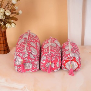 Ensemble de trousses de toilette en coton rose à fleurs avec pompons, fermeture éclair, pochette à maquillage portable, style bohème - Product Image 4