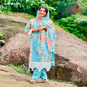 Ensemble Salwar-Suit-Dupatta en coton cambric de qualité supérieure, semi-cousu, avec broderie, impression et patchwork, au prix de gros - Product Image 1