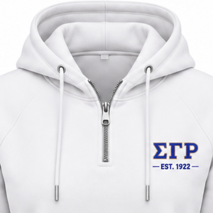 Sudadera con capucha y media cremallera blanca personalizada con letras griegas Sigma Gamma Rho para mujer, estilo universitario, informal, para hermandades. - Product Image 5