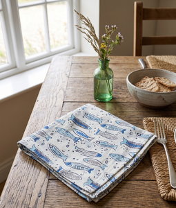 Servilleta de Algodón con Estampado de Peces Azules al por Mayor, Lino de Mesa Costero, Servilleta de Cena con Estampado a Mano, Servilleta de Tela Náutica, Tema Oceánico - Product Image 4