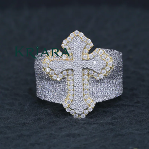 Bague croix pour homme en argent 925 plaqué or blanc, style religieux, diamants de laboratoire taille brillant ronde, bijoux - Product Image 2