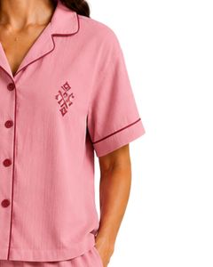 Customized Dusty Pink Women Pajama Set Short Sleeve Button <b>Down</b> Nightwear Soft Breathable Summer Sleepwear Casual Lounge Set - Product Image 4