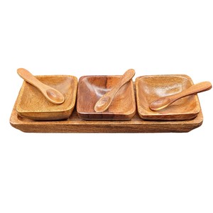 Ensemble de bols à condiments en bois d'acacia faits à la main avec plateau de service et cuillères, bols carrés miniatures écologiques pour sauces et trempettes pour la maison - Product Image 6