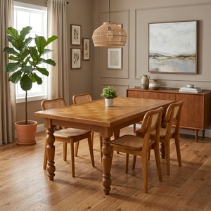 Ensemble de table à manger en teck massif avec pieds tournés, rectangulaire, style vintage français, meubles de cuisine, ensemble de salle à manger en chêne naturel chaud - Product Image 3