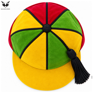Casquette d'honneur unisexe en velours rouge, jaune et vert, avec passepoil noir et pompon, idéale pour les cérémonies scolaires, sportives et de présentation. - Product Image 4