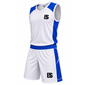 Ensemble de maillot de basket-ball blanc et bleu sans manches, col en V, en mesh respirant, unisexe, pour adulte, vêtements de sport, impression sublimée, logo BS - Product Image 1