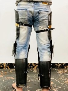 <b>Medieval</b> Modern Polished Stainless Steel Leg Armor with Die-Cut Printed Leather Straps for Traditional Theme Halloween <b>Costume</b> - Product Image 4