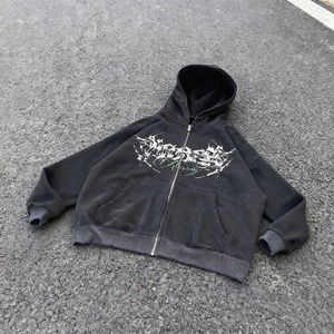 Sudaderas con capucha y cremallera unisex de algodón suave con estampado de fuente japonesa, lavado ácido, efecto desgastado por el sol, estilo clásico oversize, streetwear, God Speed - Product Image 4