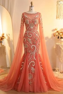 Vestido de Noche de Lujo Estilo Sirena con Adornos de Conchas Marinas, Mangas Largas Tipo Capa, Elegante Vestido Largo hasta el Suelo para Eventos Formales - Product Image 4