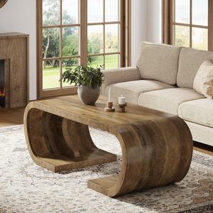طاولة قهوة ريفية بقاعدة خشبية منحنية على شكل حرف C بطول 47 بوصة، متينة لغرفة المعيشة وغرفة الترفيه والمكتب المنزلي - Product Image 4