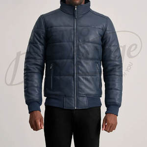 Chaqueta de Cuero Azul Marino Premium para Hombre, Ajustada, con Cuello Alto, Acolchada, de Invierno, Chaqueta Bomber de Cuero Sintético - Product Image 3