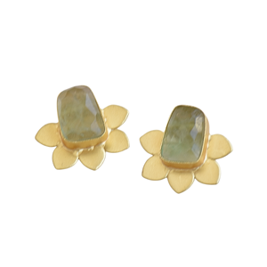 Boucles d'oreilles clous florales en laiton plaqué or avec pierre semi-précieuse fluorite, faites à la main, légères, bijoux artisanaux, vente en gros - Product Image 4