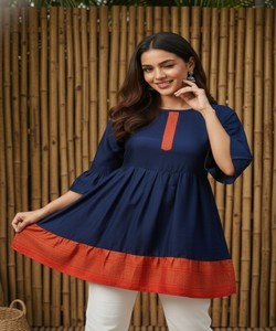 เสื้อคุर्ติผ้าฝ้ายทันสมัยสีพื้นเรียบ ใส่ได้ทุกวัน แห้งเร็ว มีสินค้าพร้อมส่ง ราคาขายส่ง เสื้อผ้าชาติพันธุ์ สีน้ำเงิน - Product Image 4