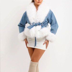 New Casual Autumn Women's Denim Jacket Heavyweight Faux Fur Sleeves Customizable Ripped Button Style - Product Image 6