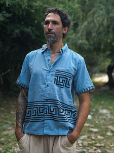 Camisa de Manga Corta para Hombre en Color Amarillo Mostaza de Algodón Khadi Puro con Diseño de Borde con Motivo Geométrico Griego Estampado a Mano - Product Image 4