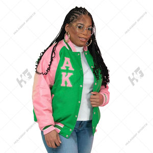 Kapa Unisex Letterman Varsity <b>Jacket</b> Green Wool Body Pink Front Logo Breathable Quick Dry Winter V-neck Single Button 100% - Product Image 4