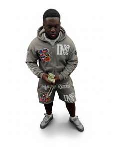 Conjunto de Sudadera y Pantalones Cortos Oversize Vintage con Estampado Serigrafiado, Personalizado con Pedrería en Toda la Superficie, Sudadera Corta con Cremallera y Pantalones Cortos para Hombre - Product Image 2