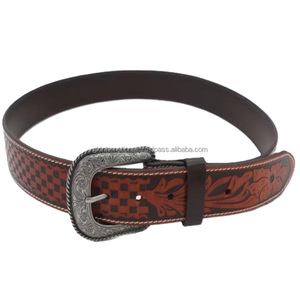 Customized Basketweave Design Embossed Full Grain Men's Fashion Western Leather Hand <b>Tooling</b> <b>Belt</b> for Jeans - Product Image 4