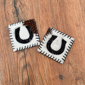 Newest Handmade Horseshoe Cowhide Coasters Set Genuine Leather Drink Coasters Rustic Table Decor Unique Western <b>Hair</b>-on Coasters - Product Image 3
