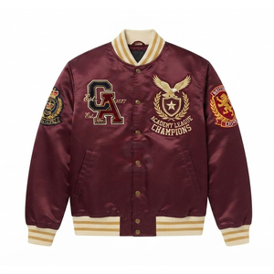High Quality Autumn/Winter Eco-Friendly Satin Varsity Bomber Jackets Men Custom Applique Embroidery Waterproof Button Wholesale - Product Image 5
