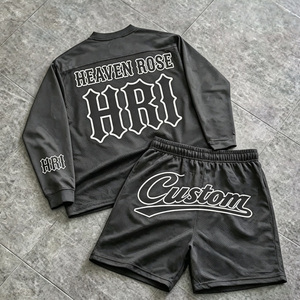 Custom OEM Mesh Long Sleeve Jersey & Shorts Set Oversized Streetwear <b>Athletic</b> Tracksuit Back Graphic Print Wholesale - Product Image 5