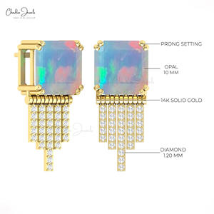 Trending Hot Product Natural 10mm Square Octagon Cut Ethiopian Opal <b>Drop</b> Earrings with 14k Solid Gold Diamond Push <b>Back</b> Earrings - Product Image 4