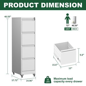 Armadio Verticale in Metallo a 4 Cassetti con Serratura, 45 cm di Profondità, Nero, per Casa e Ufficio, con Ruote - Product Image 3