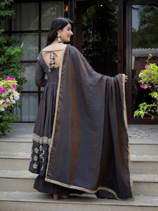 Heavy Vichitra <b>Silk</b> Sequence Embroidery Anarkali Suit Set With Stitched <b>Palazzo</b> And Matching Dupatta For Party Wear Women - Product Image 6