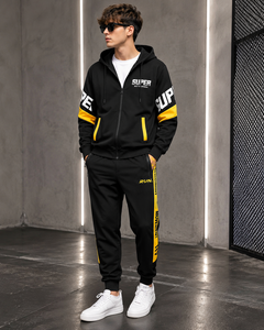 Ensemble de survêtement de maternité imprimé noir et jaune à capuche pour homme, manches longues, fermeture éclair, design sportif, en coton respirant, idéal pour l'automne - Product Image 6