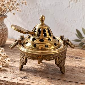 Brûleur d'encens en laiton NEHA ENTERPRISES avec poignées en forme de dragon, couvercle rotatif, écologique, fait main, encensoir aromatique sur trépied pour encens - Product Image 1