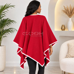 Cosh International Sorority Sisterhood Red Asymmetric <b>Poncho</b> With White Trim V-Neck Belt Closure Full Sleeve Long Sweater - Product Image 5