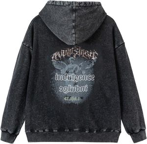 Sweat-shirt à capuche oversize pour homme, noir, en coton French Terry délavé à l'acide, imprimé Freedom, décontracté, pour l'automne - Product Image 4
