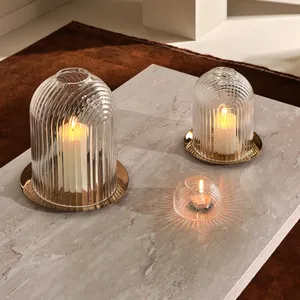 Tapered Hurricane Candleholder Set Natural Wood Handmade with Gold Base for Christmas Home Decoration - Product Image 4