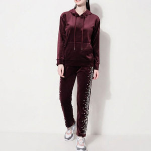 Winter Solid Elastic Waist Trousers with Long Sleeve Pullover Women Rhinestone Velvet <b>Set</b> Soft Fabric Two Piece - Product Image 1