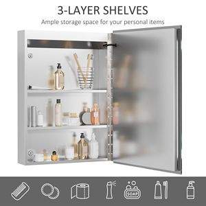 Armadietto a Specchio LED Dimmerabile da Parete, Scaffali di Stoccaggio per Bagno a 3 Livelli con Anta Singola - Product Image 4