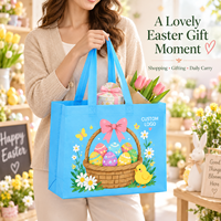 Panier de Pâques bleu ciel avec œufs, poussins, marguerites et nœuds imprimés, sacs cadeaux en tissu non tissé écologiques, recyclables, réutilisables, avec logo personnalisé